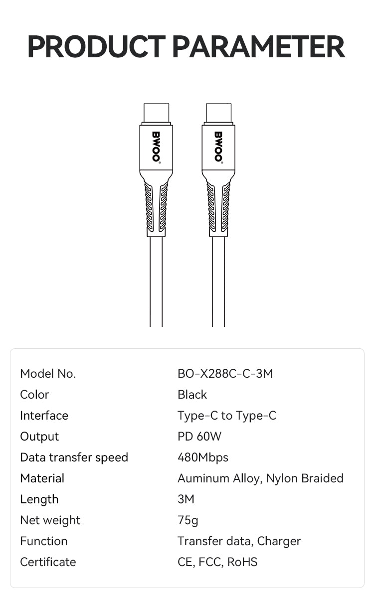 BWOO USB-C to USB-C Fast Charging Cable PD 60W Nylon 3M X288CC