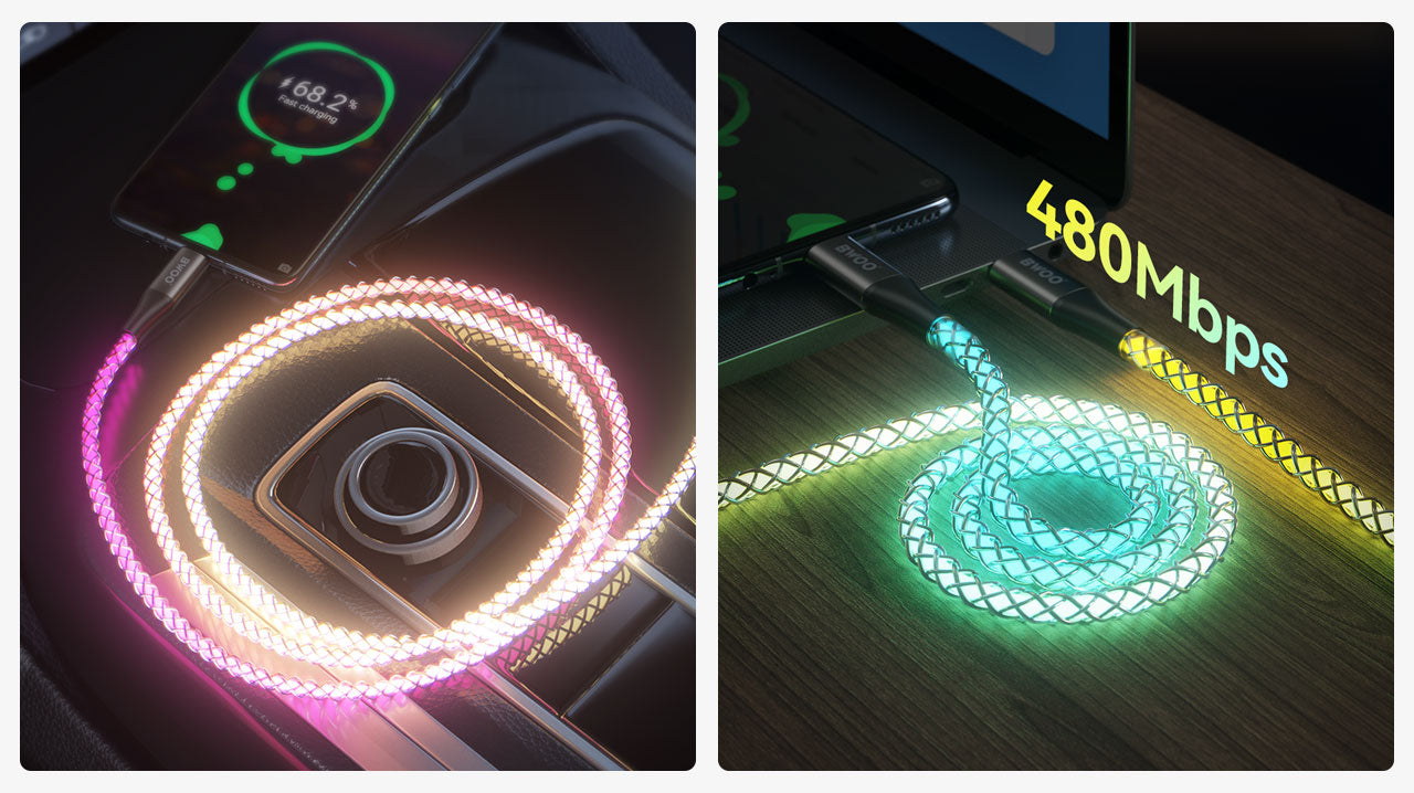 65W Type-C to Type-C Transparent USB Cable With LED Light X278