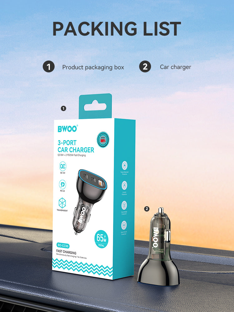 65W USB-C Car Charger 3 Port Transparent & Grey CC96