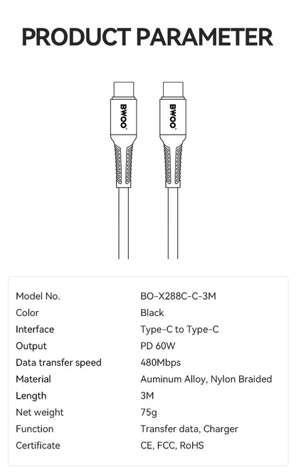 BWOO USB-C to USB-C Fast Charging Cable PD 60W Nylon 3M X288CC