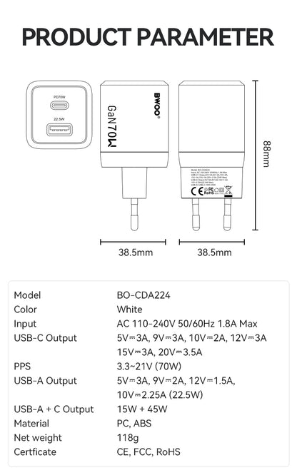 70W USB-C Dual ports GaN Charger BO-CDA224