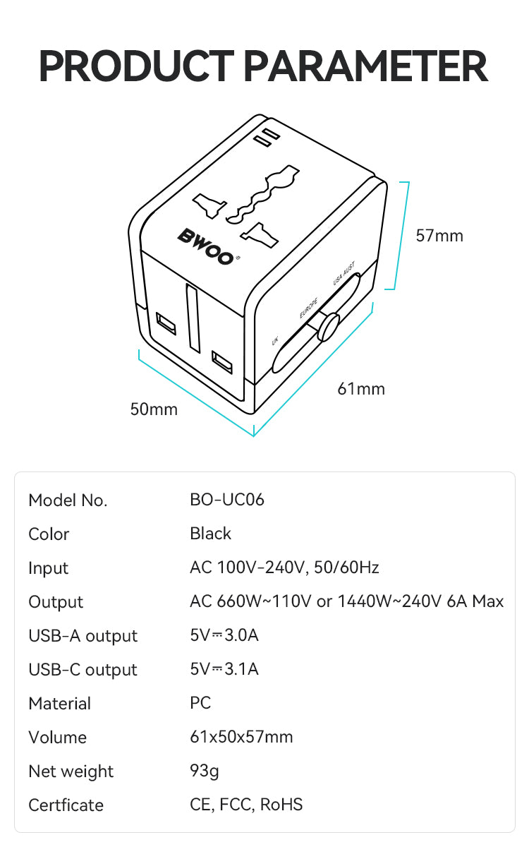Travel Adapter 15W 2 in 1 with Type-C + USB-A for EU UK AUS US BO-UC06