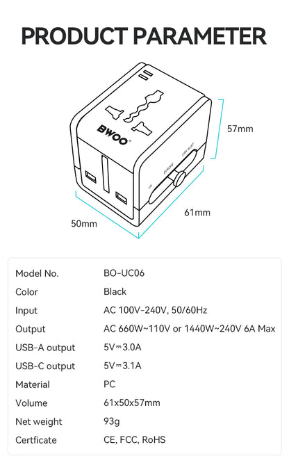Travel Adapter 15W 2 in 1 with Type-C + USB-A for EU UK AUS US BO-UC06