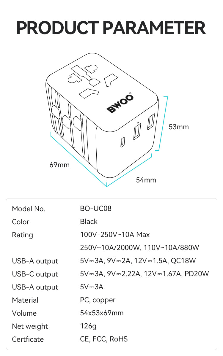 BWOO International Multi Plug Travel Adapter GaN PD 20W 3 in 1 BO-UC08