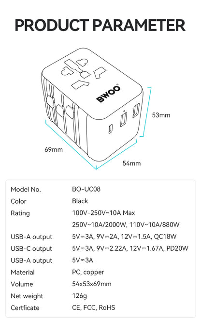 BWOO International Multi Plug Travel Adapter GaN PD 20W 3 in 1 BO-UC08
