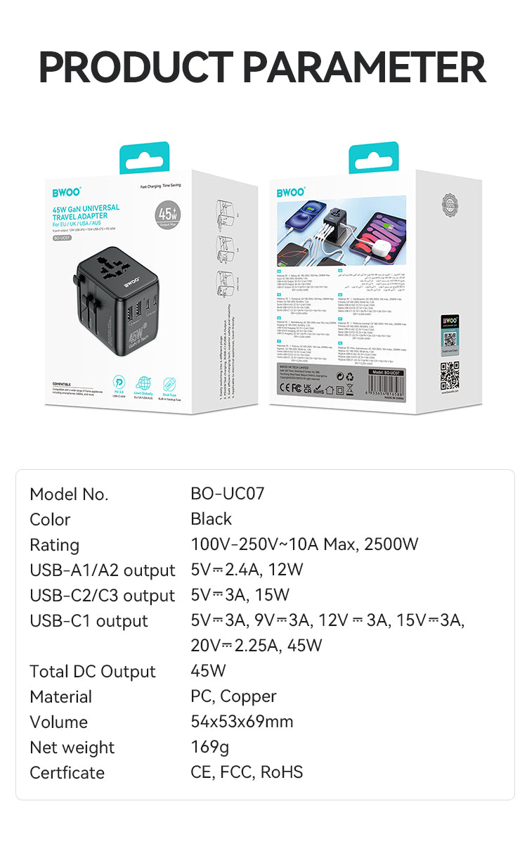 BWOO GaN III Travel Adapter 45W 4 in 1 BO-UC07