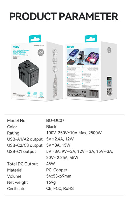 BWOO GaN III Travel Adapter 45W 4 in 1 BO-UC07