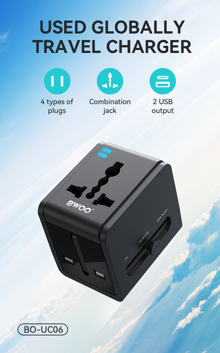 Travel Adapter 15W 2 in 1 with Type-C + USB-A for EU UK AUS US BO-UC06