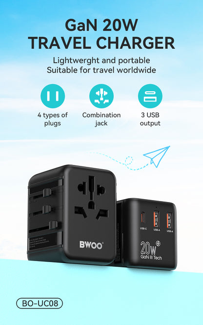 BWOO International Multi Plug Travel Adapter GaN PD 20W 3 in 1 BO-UC08