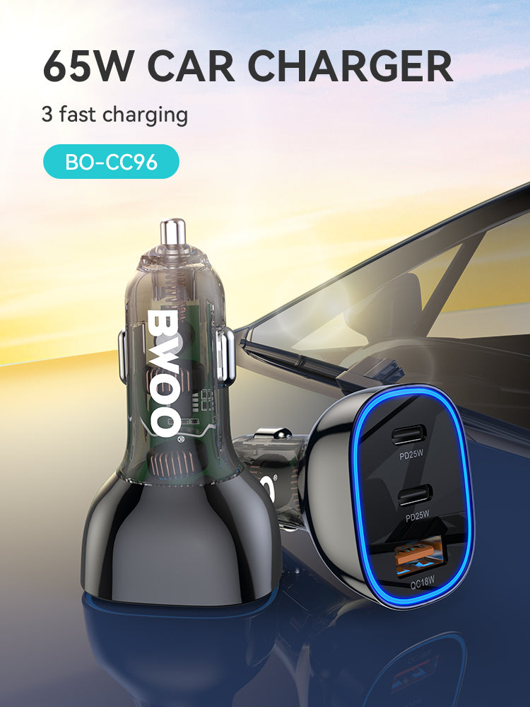 65W USB-C Car Charger 3 Port Transparent & Grey CC96