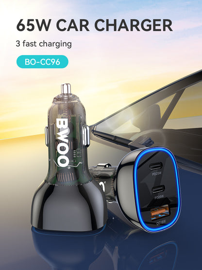 65W USB-C Car Charger 3 Port Transparent & Grey CC96