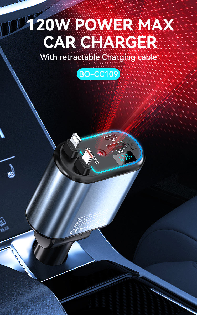 120W 4 in 1 Starry Light Car Charger with 2 Retractable Cables BO-CC109