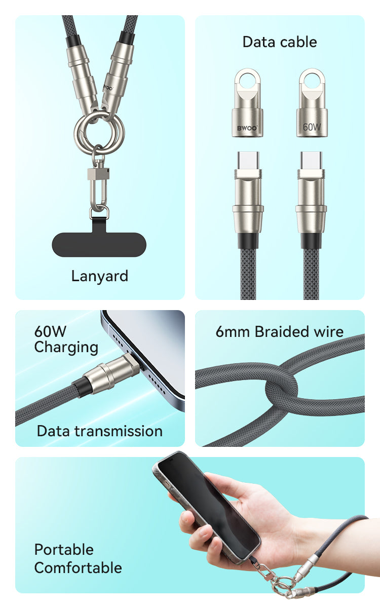 USB-C to USB-C Charging Cable+Cell Phone Lanyard 2 in 1 60W 0.3M X310