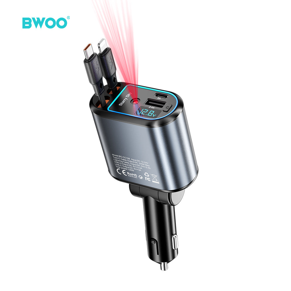 120W 4 in 1 Starry Light Car Charger with 2 Retractable Cables BO-CC109