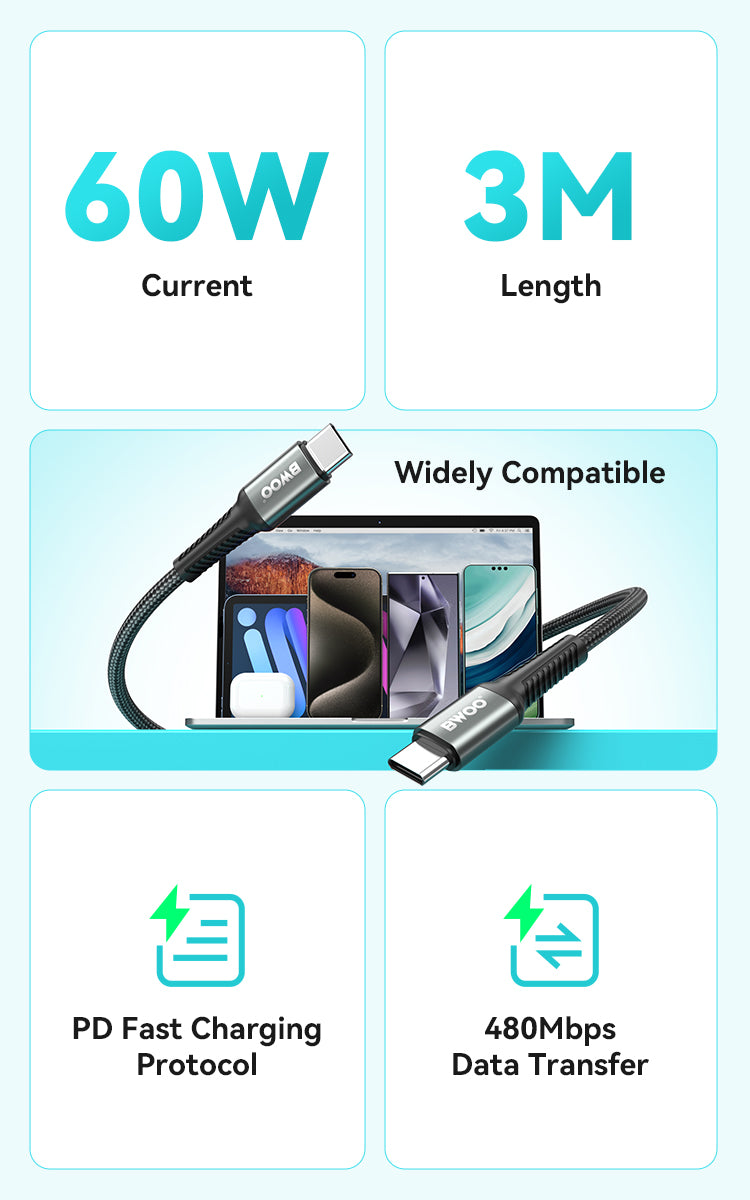 BWOO USB-C to USB-C Fast Charging Cable PD 60W Nylon 3M X288CC