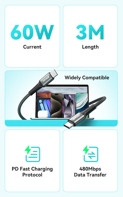 BWOO USB-C to USB-C Fast Charging Cable PD 60W Nylon 3M X288CC