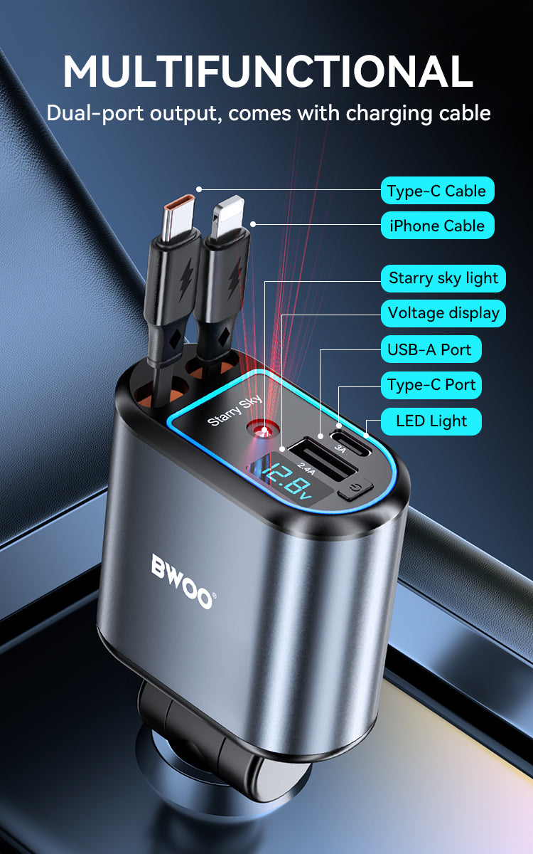 120W 4 in 1 Starry Light Car Charger with 2 Retractable Cables BO-CC109