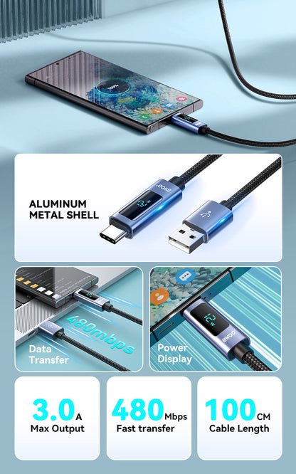 USB-A to USB-C Charging Cable with LED Display 3A 1M BO-X323C