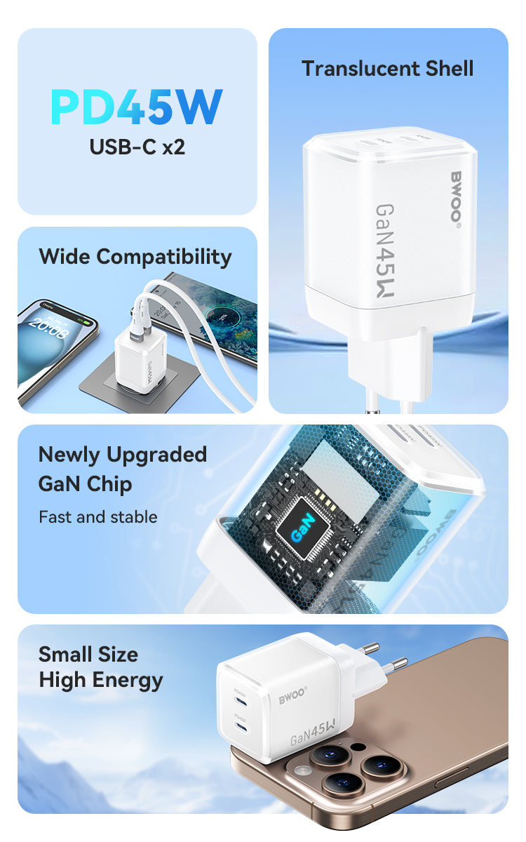 45W USB-C Dual ports GaN Charger BO-CDA223