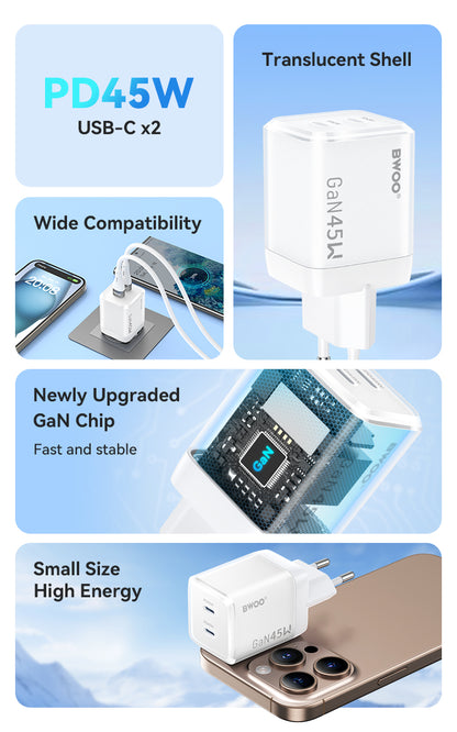 45W USB-C Dual ports GaN Charger BO-CDA223