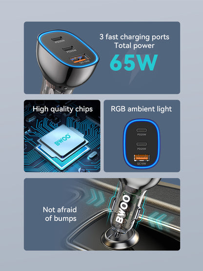 65W USB-C Car Charger 3 Port Transparent & Grey CC96