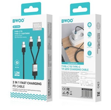 Type-C to Lightning & Type-C 2 in 1 Fast Charging Cable PD 100W BO-X306