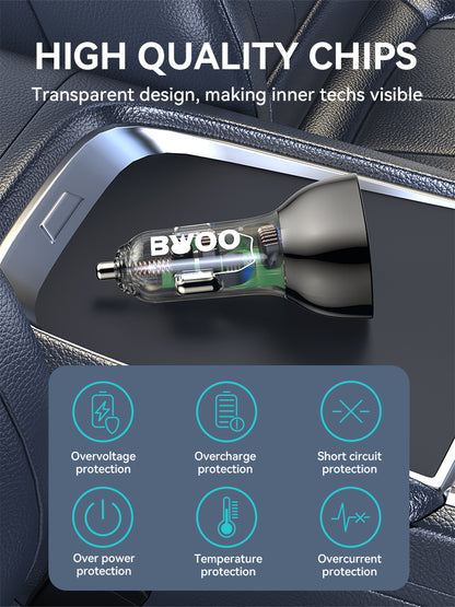 65W USB-C Car Charger 3 Port Transparent & Grey CC96