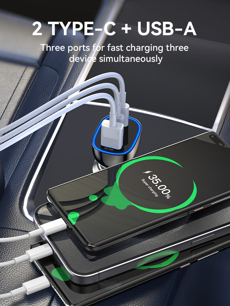 65W USB-C Car Charger 3 Port Transparent & Grey CC96