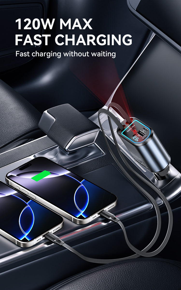 120W 4 in 1 Starry Light Car Charger with 2 Retractable Cables BO-CC109