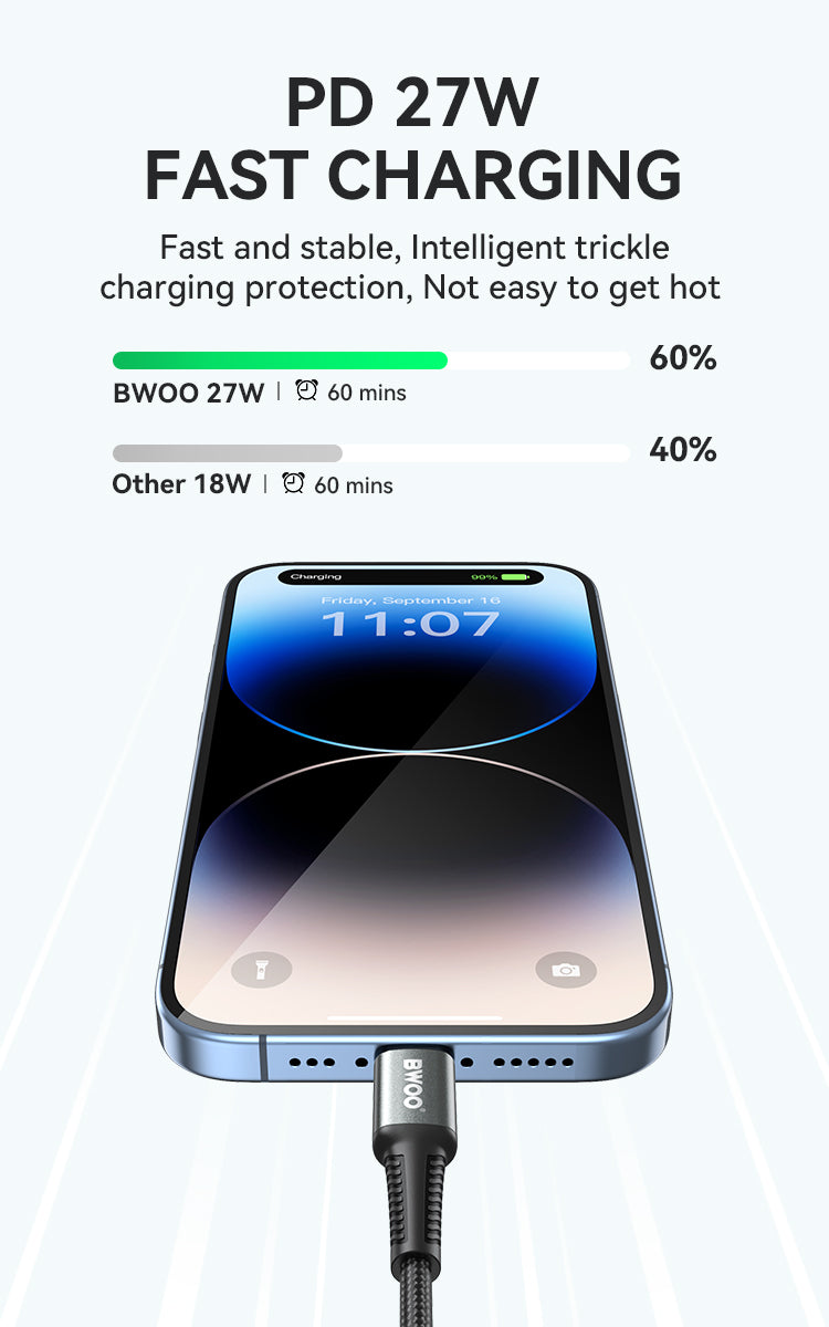 BWOO USB-C to Lightning Fast Charging Cable PD 27W Nylon 3M X288CL