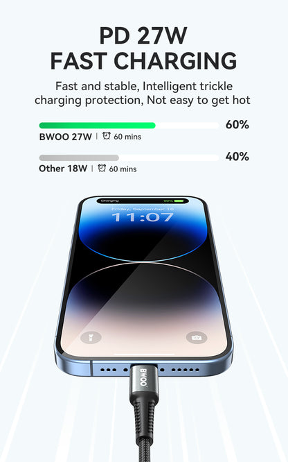 BWOO USB-C to Lightning Fast Charging Cable PD 27W Nylon 3M X288CL