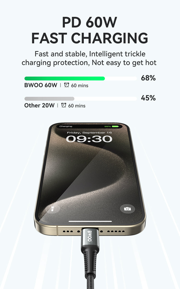 BWOO USB-C to USB-C Fast Charging Cable PD 60W Nylon 3M X288CC