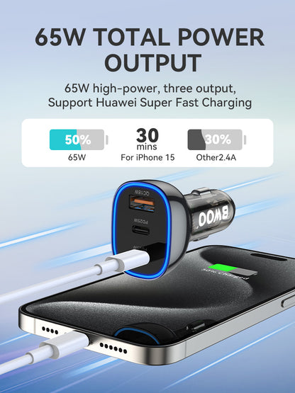 65W USB-C Car Charger 3 Port Transparent & Grey CC96