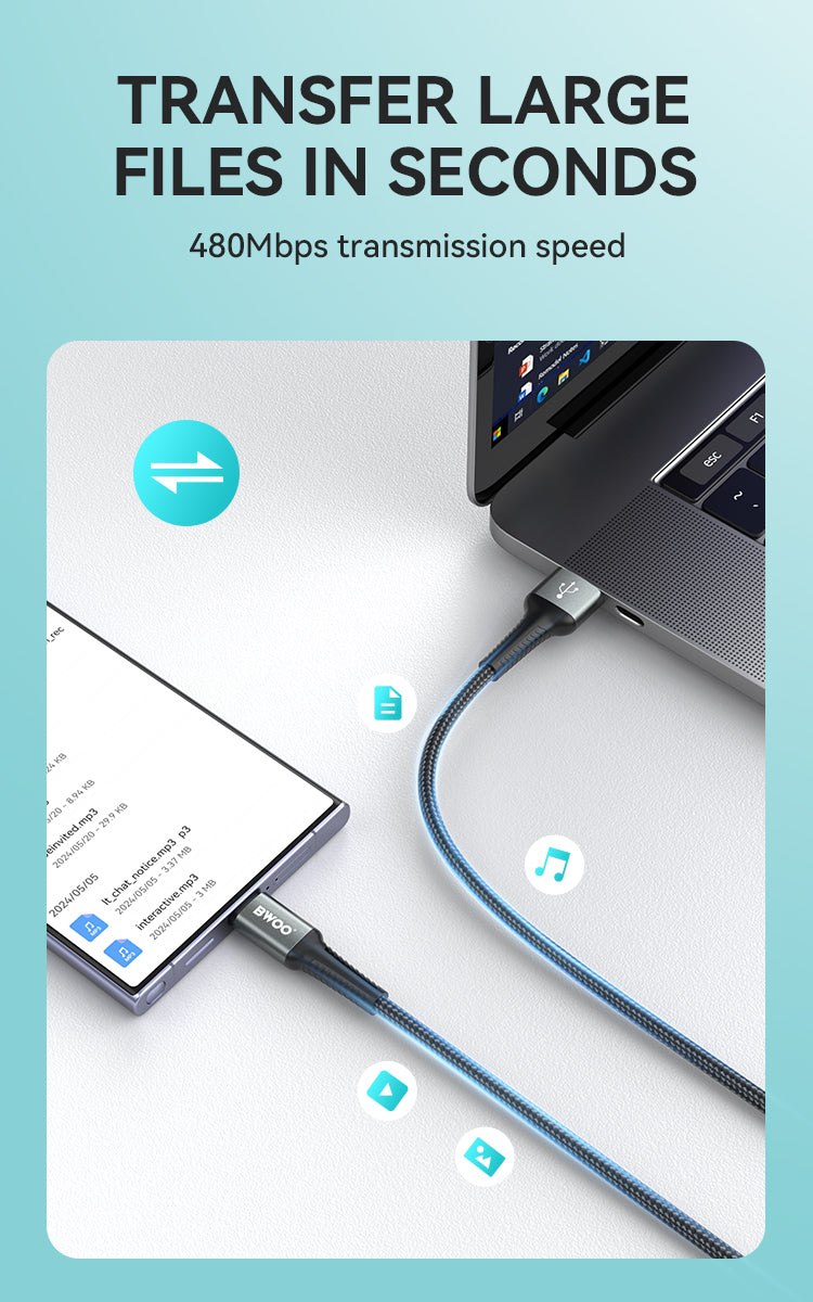 BWOO USB A to USB-C Fast Charging Cable PD 60W Nylon 1MX288C / 2MX288C / 3MX288C