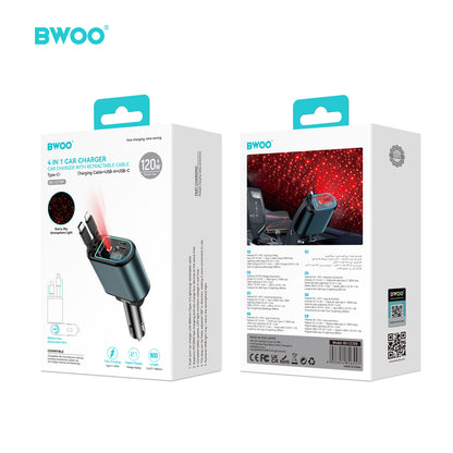 120W 4 in 1 Starry Light Car Charger with 2 Retractable Cables BO-CC109
