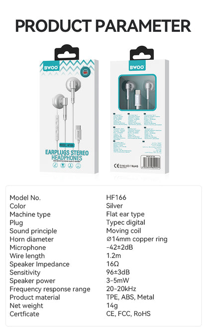 BWOO HF- 166 USB Type C Wired Earphones In-Ear Headphones