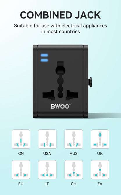 Travel Adapter 15W 2 in 1 with Type-C + USB-A for EU UK AUS US BO-UC06
