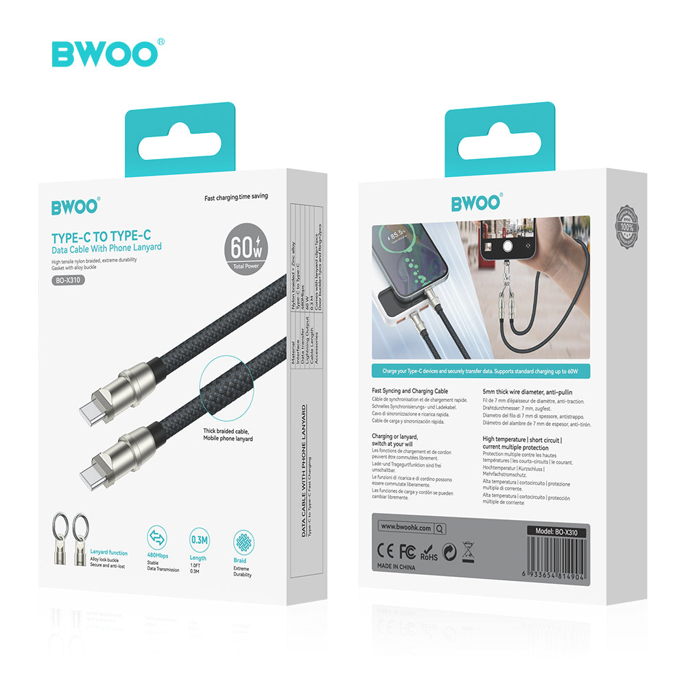 USB-C to USB-C Charging Cable+Cell Phone Lanyard 2 in 1 60W 0.3M X310