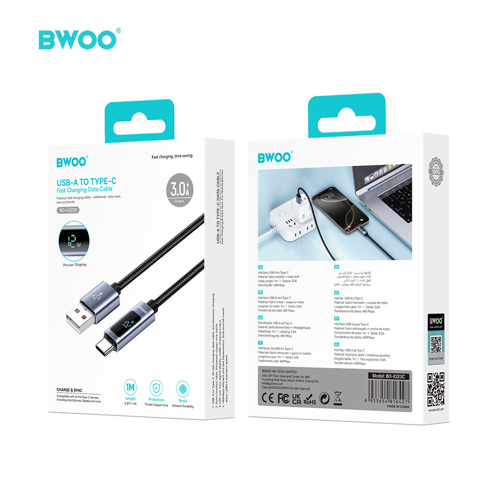 USB-A to USB-C Charging Cable with LED Display 3A 1M BO-X323C