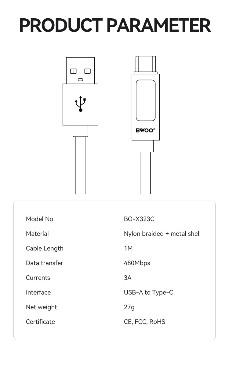 USB-A to USB-C Charging Cable with LED Display 3A 1M BO-X323C