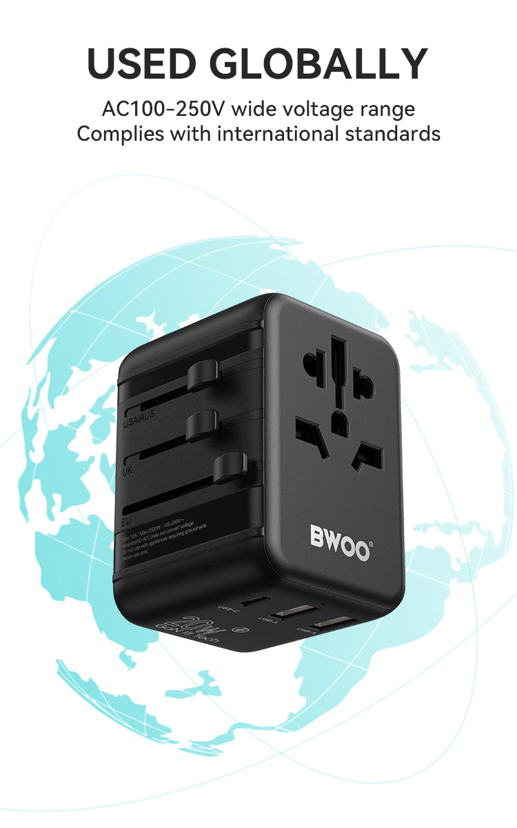 BWOO International Multi Plug Travel Adapter GaN PD 20W 3 in 1 BO-UC08