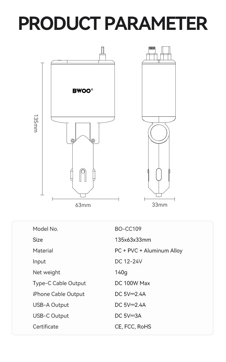 120W 4 in 1 Starry Light Car Charger with 2 Retractable Cables BO-CC109