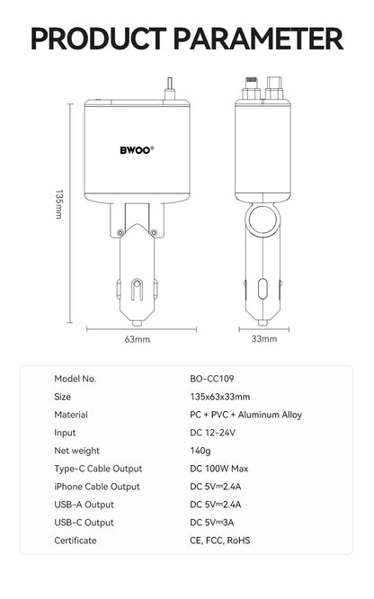 120W 4 in 1 Starry Light Car Charger with 2 Retractable Cables BO-CC109