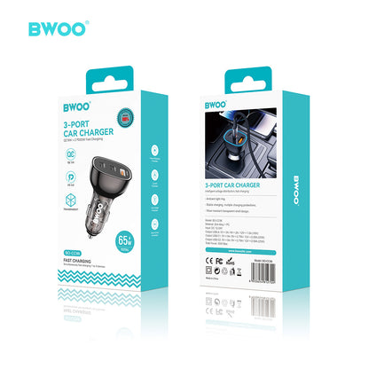 65W USB-C Car Charger 3 Port Transparent & Grey CC96