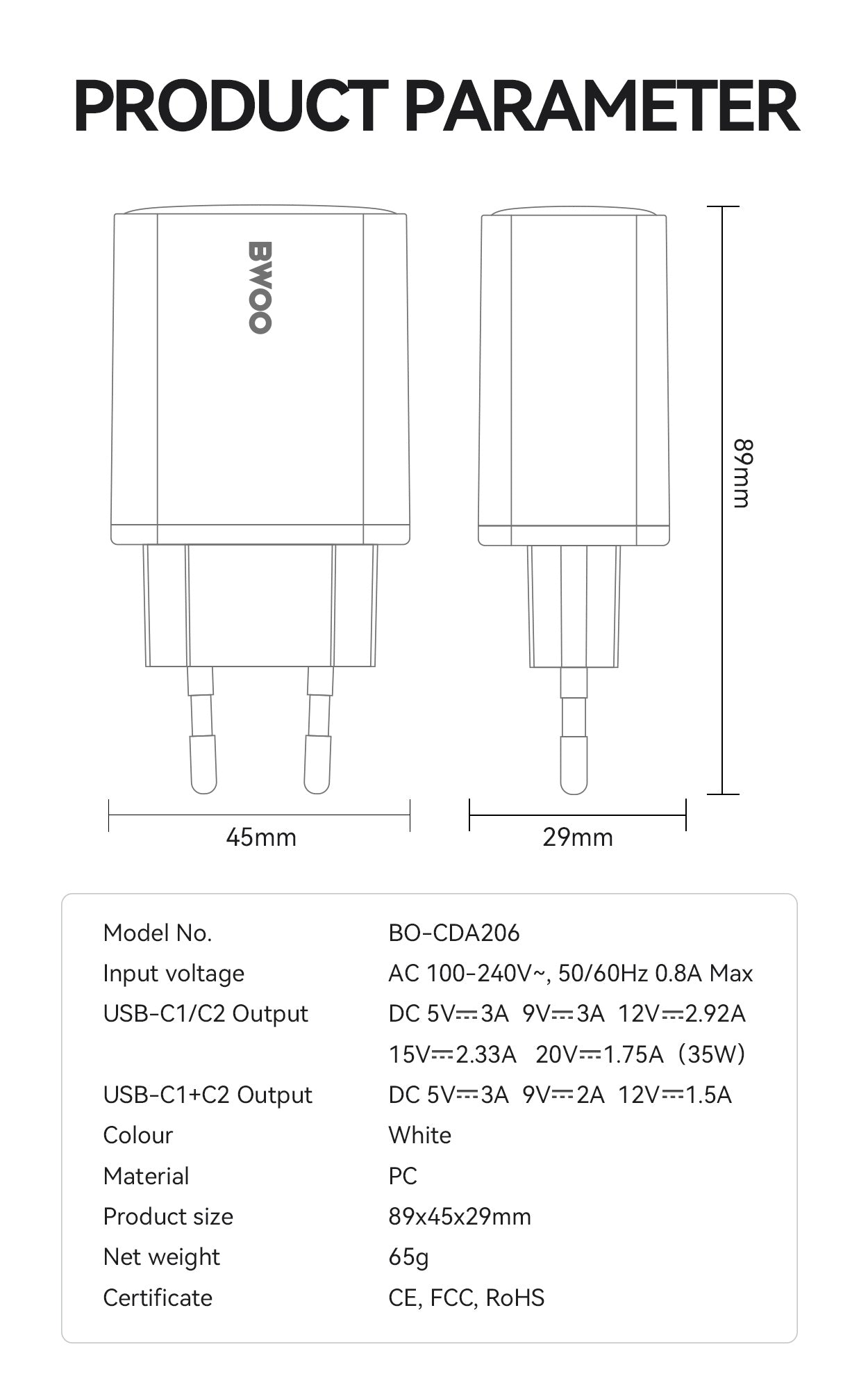 35W USB-C Dual Ports Fast Charger 2 in 1 BO-CDA206