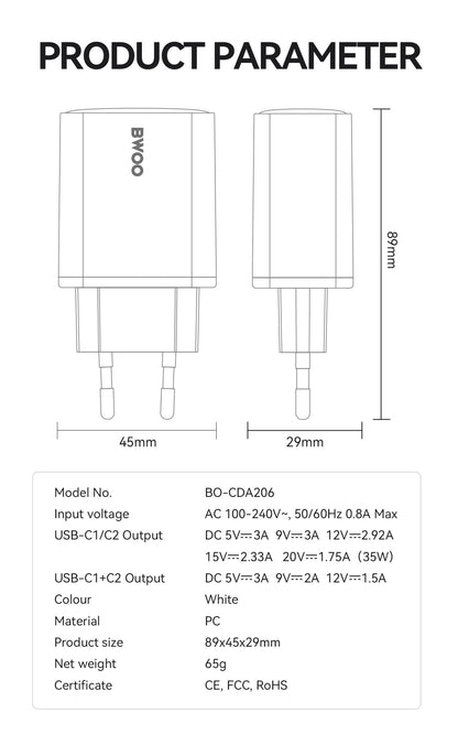 35W USB-C Dual Ports Fast Charger 2 in 1 BO-CDA206