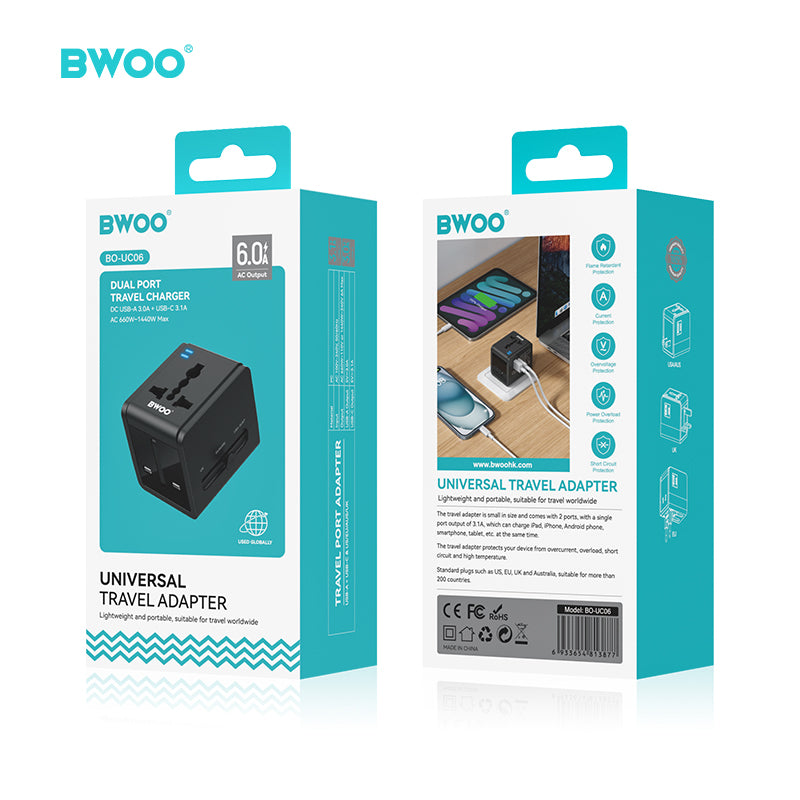 Travel Adapter 15W 2 in 1 with Type-C + USB-A for EU UK AUS US BO-UC06