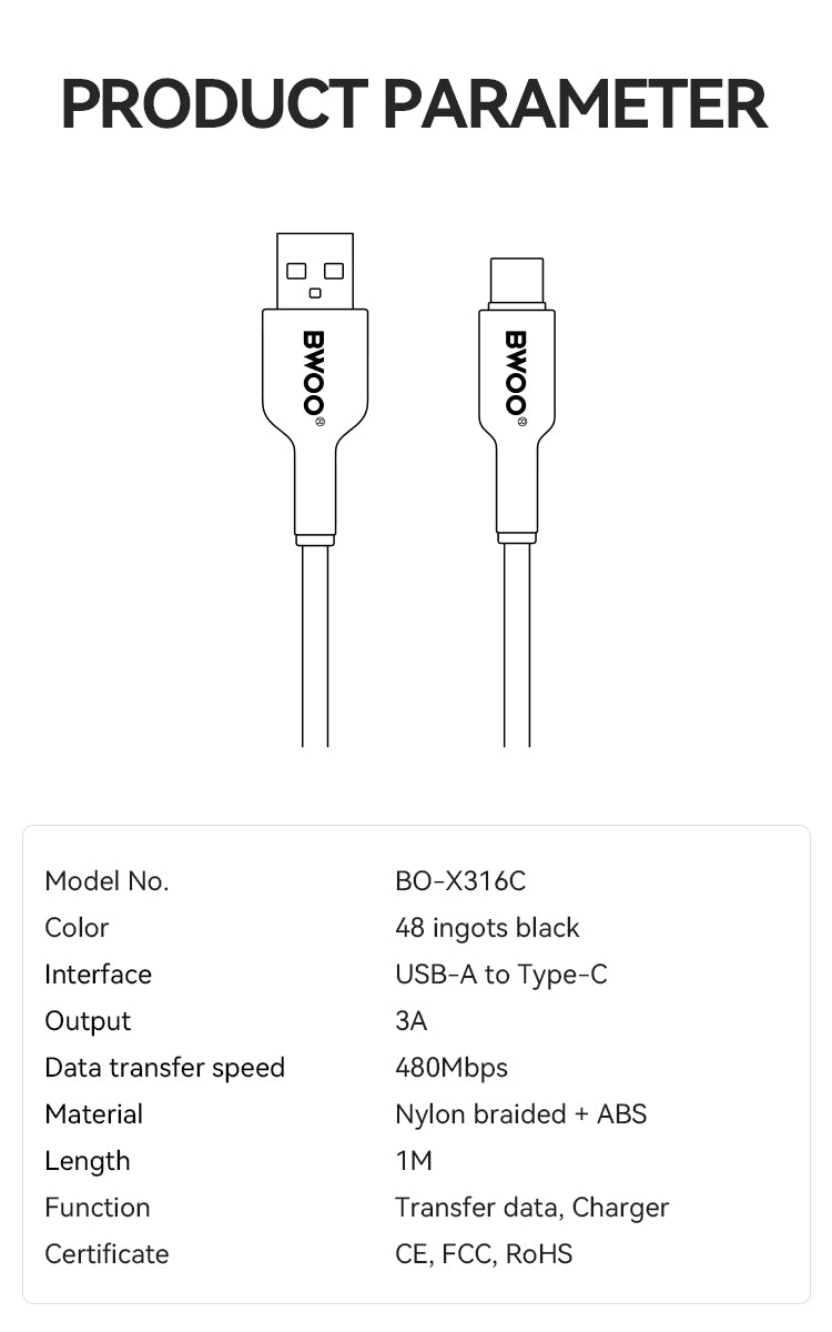 BWOO  USB-A to USB-C Charging Cable 3A 1M  BO-X316C