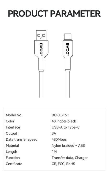 BWOO  USB-A to USB-C Charging Cable 3A 1M  BO-X316C