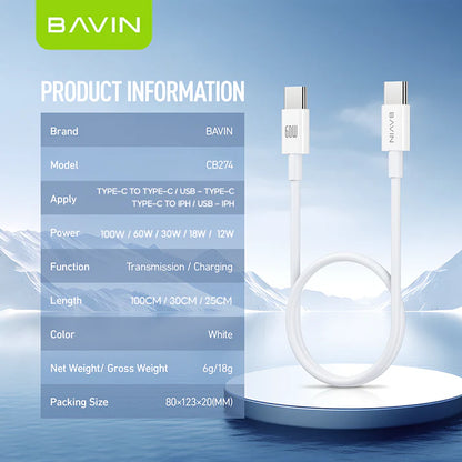 BAVIN CB274 60W Fast Charging Type-C Cable for Laptop & iPhone 17
